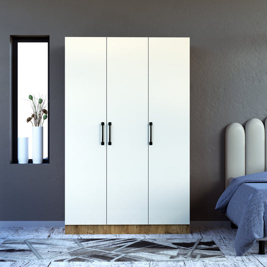 Perlomi 3 kapaklı, 11 Raflı Gardırop, Elbise Dolabı Beyaz/Ceviz PER DLP 002