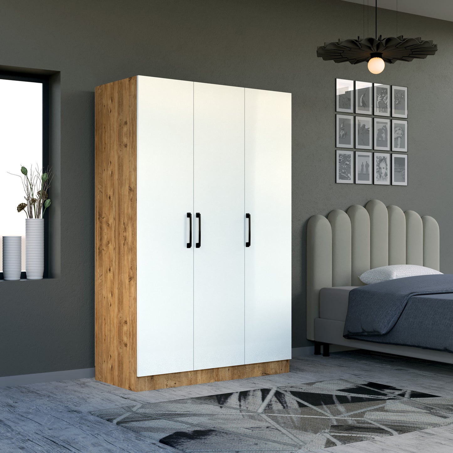 Perlomi 3 kapaklı, 11 Raflı Gardırop, Elbise Dolabı Beyaz/Ceviz PER DLP 002