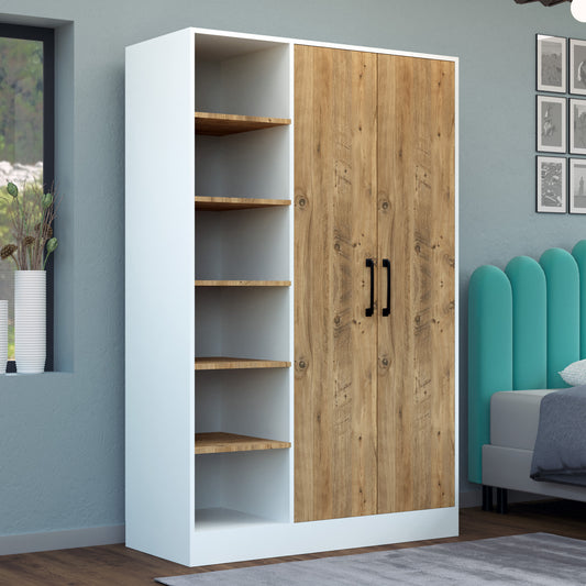 Perlomi 2 kapaklı , 9 Raflı Gardırop Elbise Dolabı Beyaz/Atlantik Çam PER DLP 004