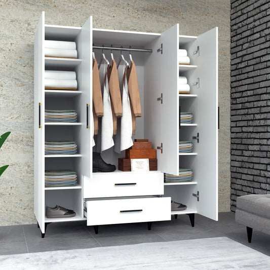 Perlomi 4 Kapaklı 12 Raflı 2 Çekmeceli Elbise Dolabı Beyaz PER DLP 008