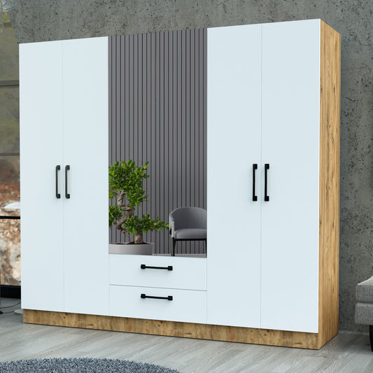 Perlomi 6 Kapaklı, 4 Raflı, 2 Çekmeceli, Aynalı, Gardırop, Elbise Dolabı, Beyaz/Atlantik Çam PER DLP 011