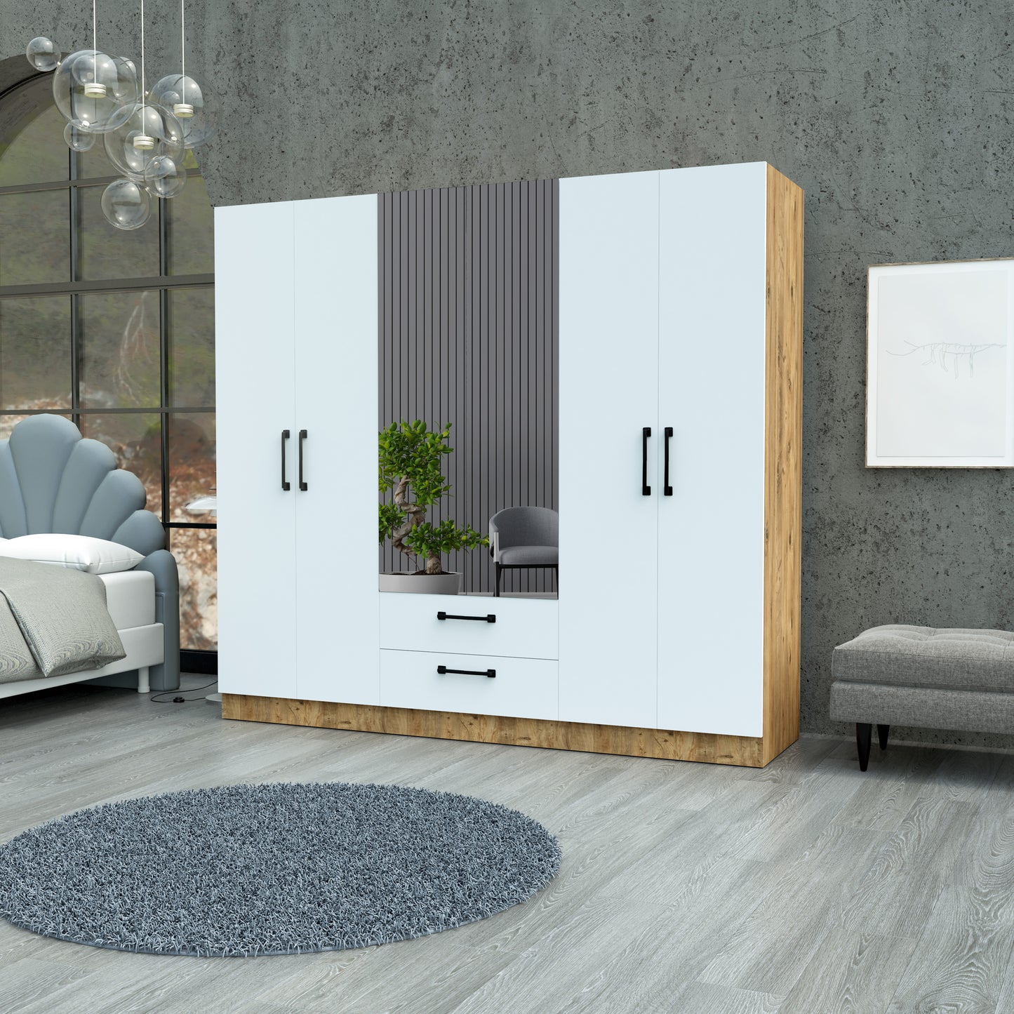 Perlomi 6 Kapaklı, 4 Raflı, 2 Çekmeceli, Aynalı, Gardırop, Elbise Dolabı, Beyaz/Atlantik Çam PER DLP 011