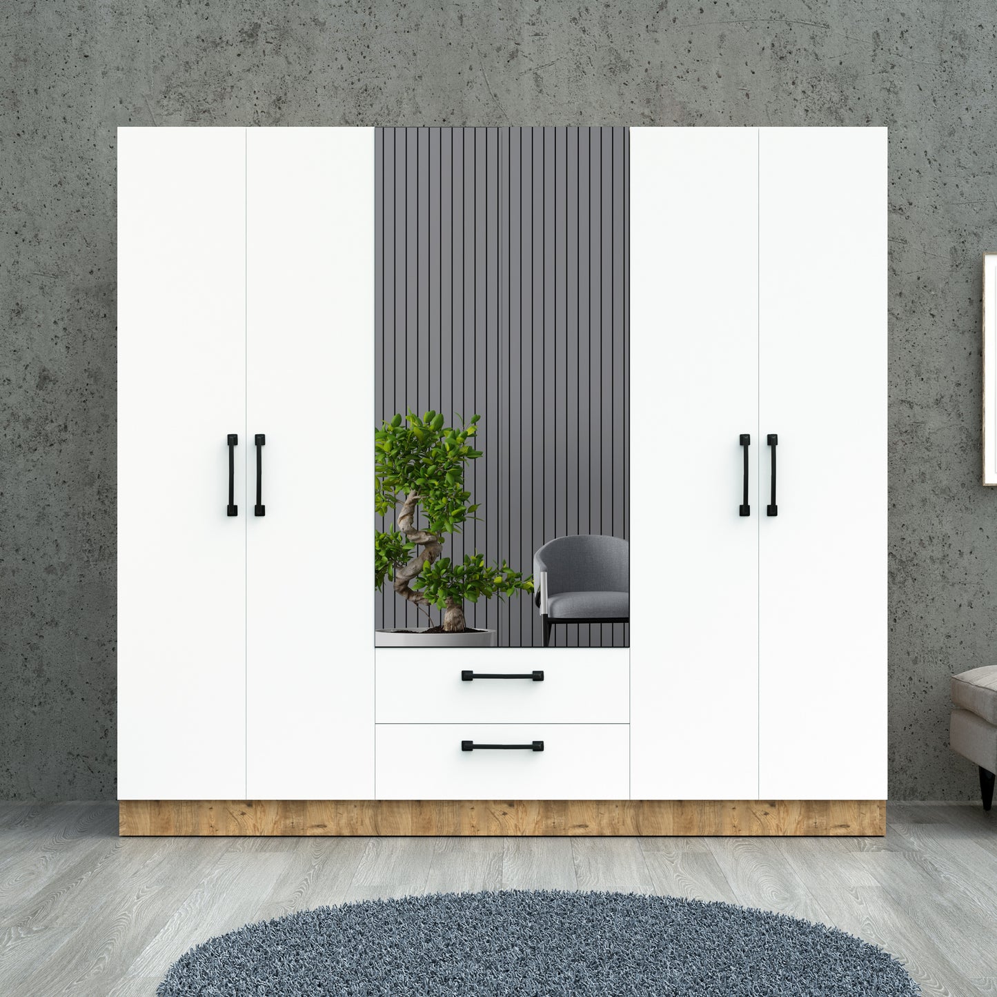 Perlomi 6 Kapaklı, 4 Raflı, 2 Çekmeceli, Aynalı, Gardırop, Elbise Dolabı, Beyaz/Atlantik Çam PER DLP 011