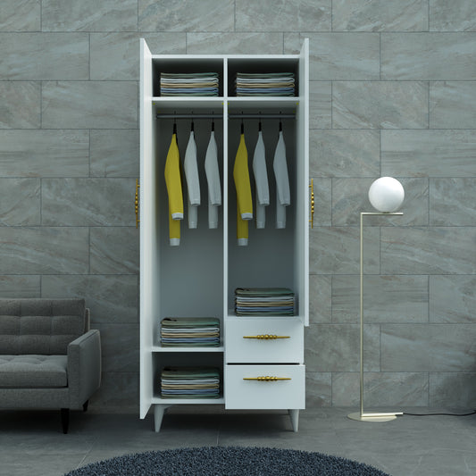 Perlomi 2 Kapaklı 2 Bölmeli 3 Raflı 2 Çekmeceli Elbise Dolabı Beyaz PER DLP 013