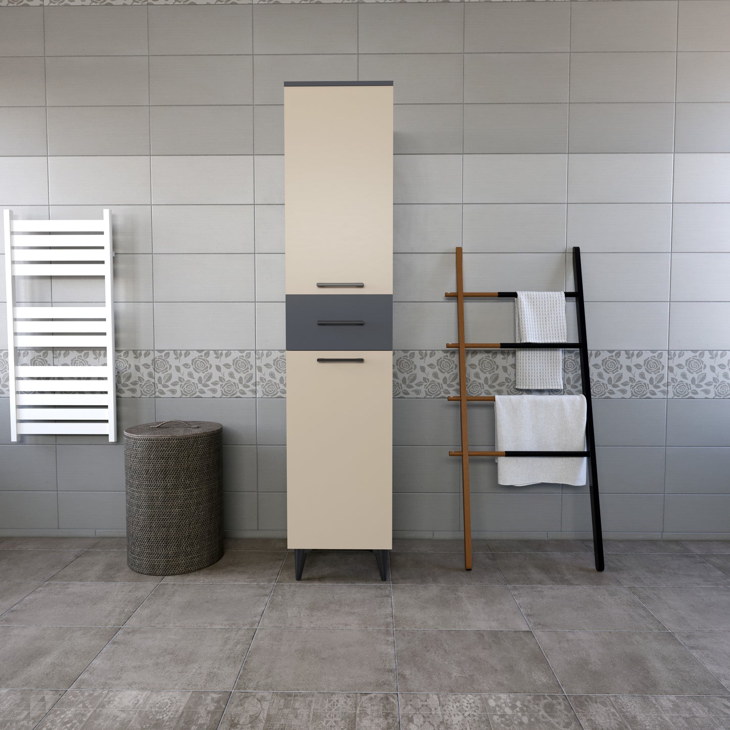 Perlomi 2 Kapaklı 4 Raflı Çekmeceli Çok Amaçlı Banyo Dolabı Sahra/Gri PERB007