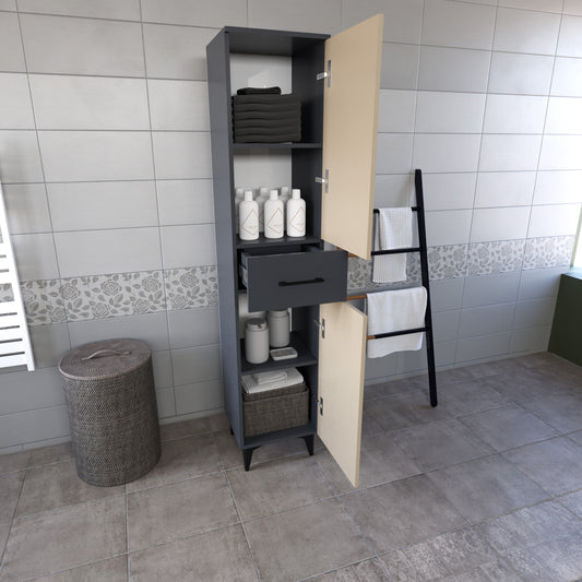 Perlomi 2 Kapaklı 4 Raflı Çekmeceli Çok Amaçlı Banyo Dolabı Sahra/Gri PERB007