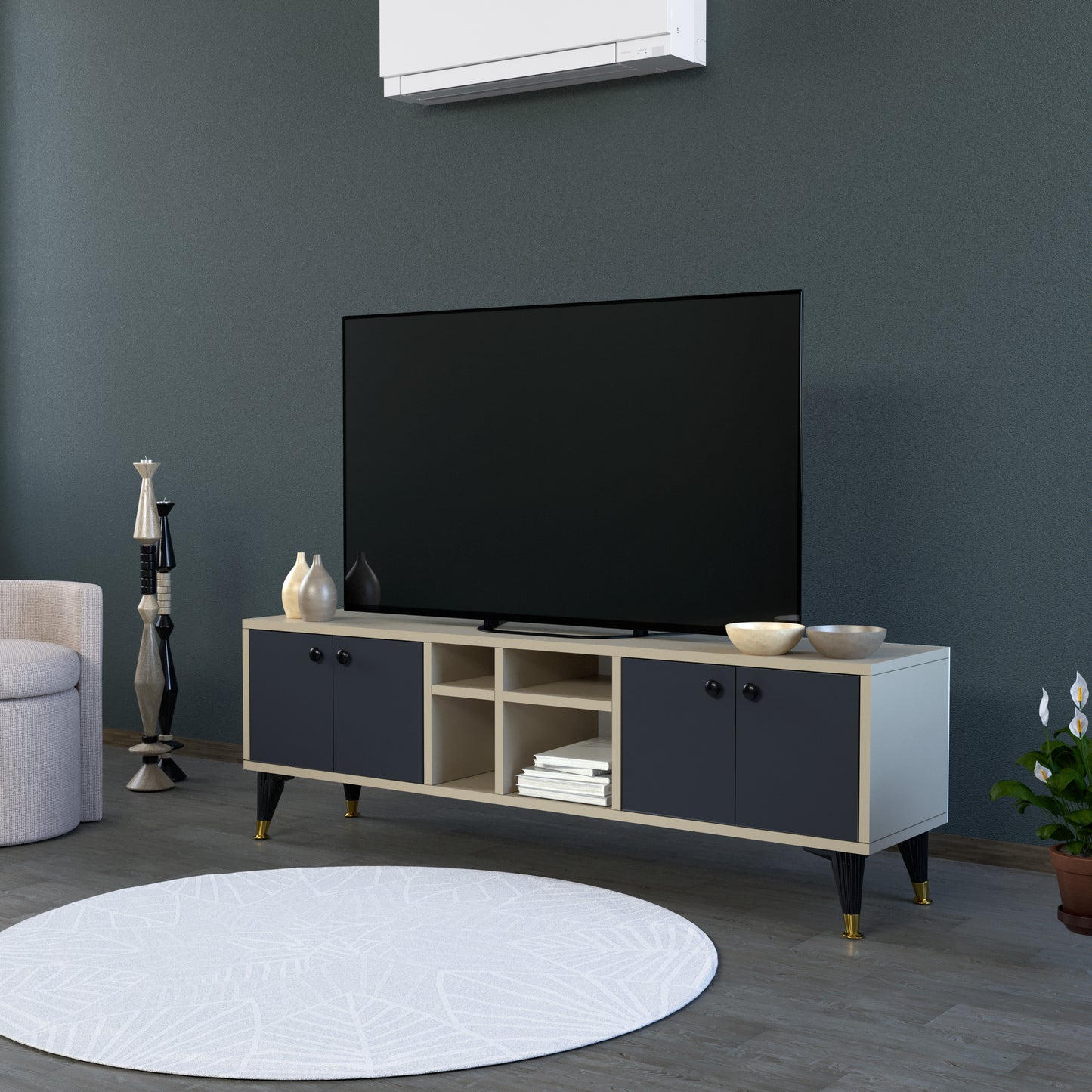 Perlomi Tv Sehpası Yandan Açmalı 2 Kapaklı 4 Raflı İçten 2 Bölmeli Karbon Gri/ Sahra PER TV 001