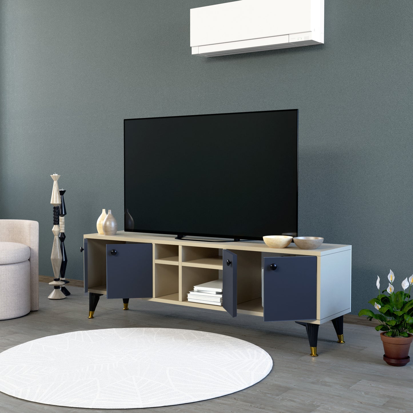 Perlomi Tv Sehpası Yandan Açmalı 2 Kapaklı 4 Raflı İçten 2 Bölmeli Karbon Gri/ Sahra PER TV 001