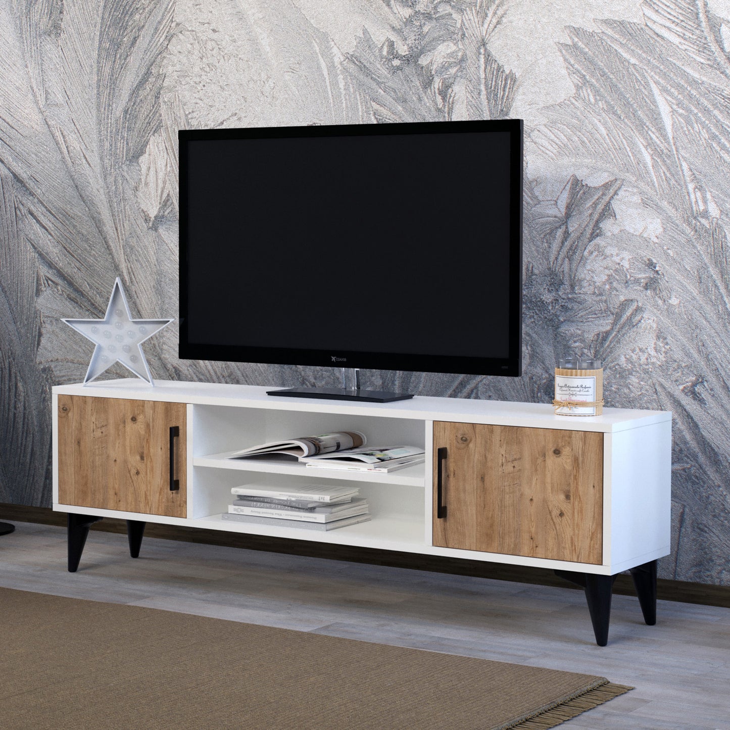 Perlomi Tv Sehpası 2 Kapaklı 2 Raflı Atlantik Çam / Beyaz PER TV 002