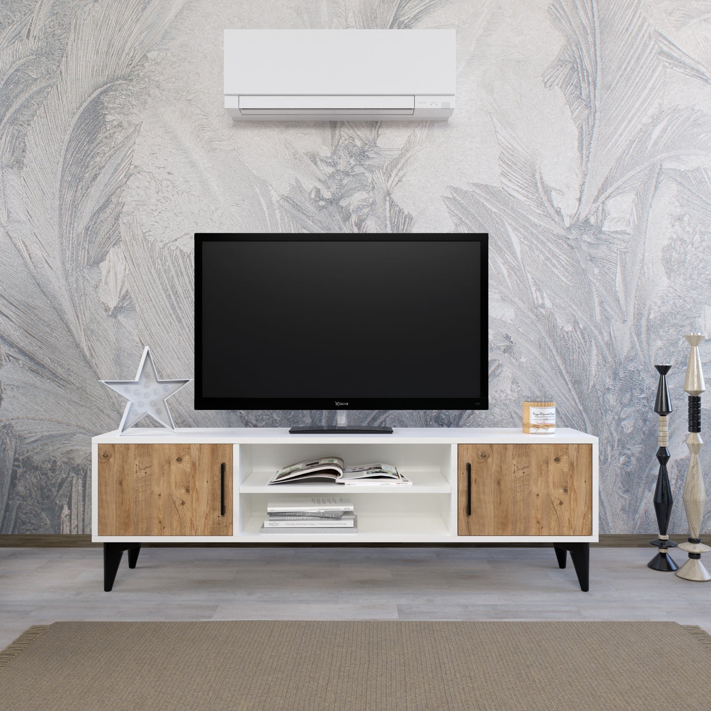 Perlomi Tv Sehpası 2 Kapaklı 2 Raflı Atlantik Çam / Beyaz PER TV 002