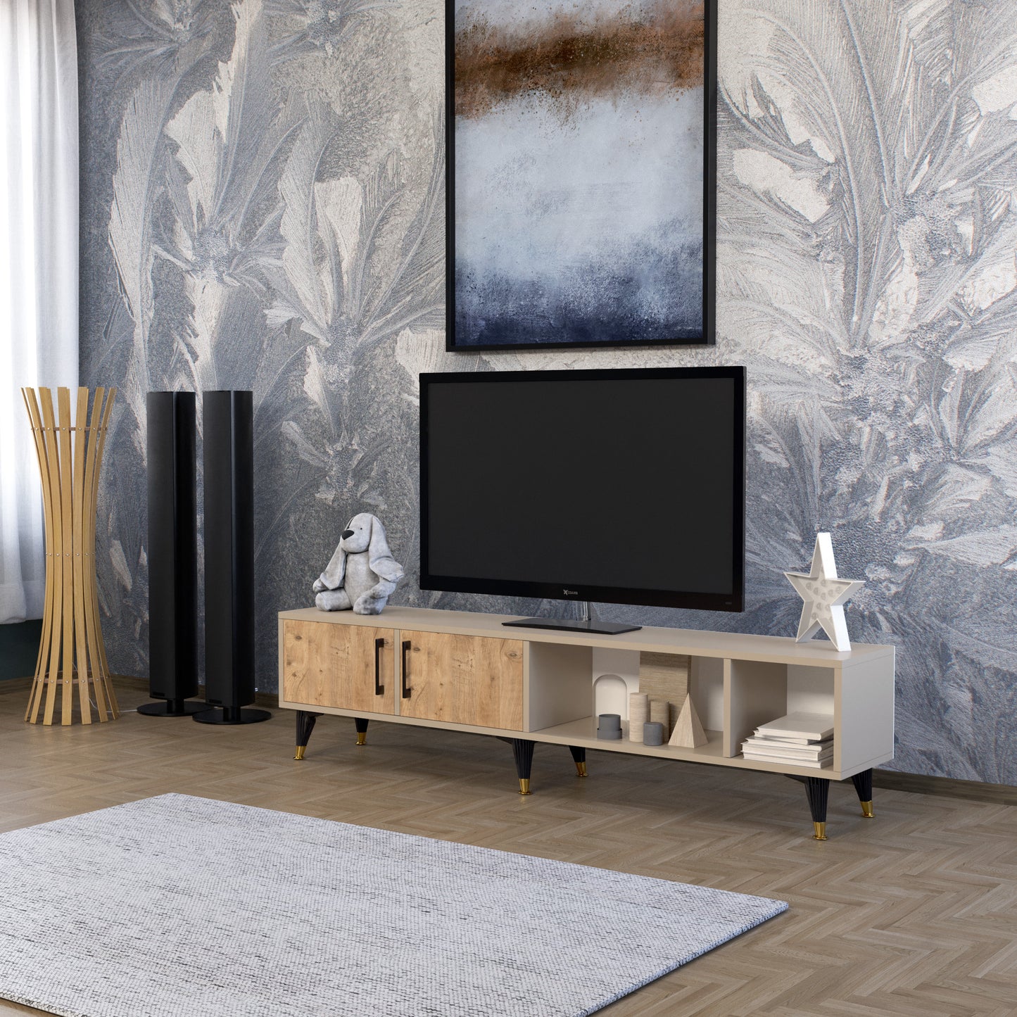Perlomi Tv Sehpası 2 Kapaklı 4 Bölmeli Atlantik Çam/ Sahra PER TV 003