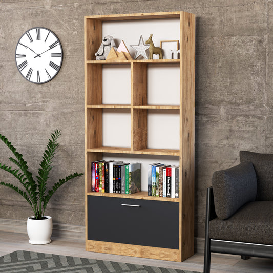 Perlomi 1 Kapaklı 7 Raflı Dekoratif Kitaplık Atlantik Çam/ Karbon Gri PER KTP 001