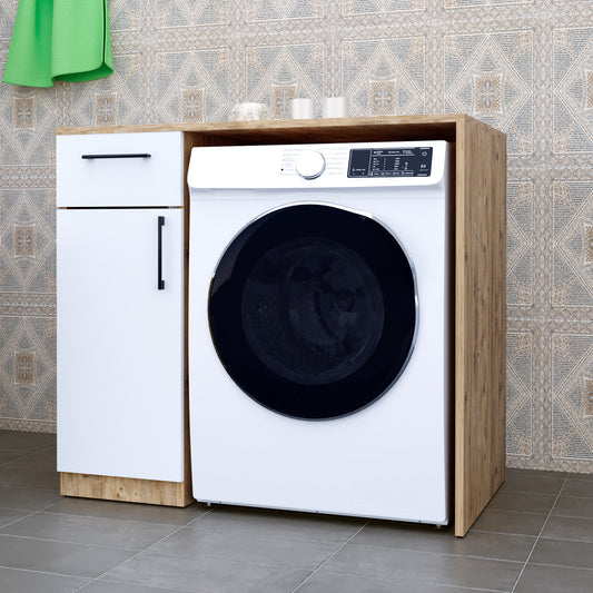 Perlomi Çamaşır Makinesi ve Kurutma Makinası Dolabı Kapaklı Raflı Beyaz/Ceviz PER CMD 003