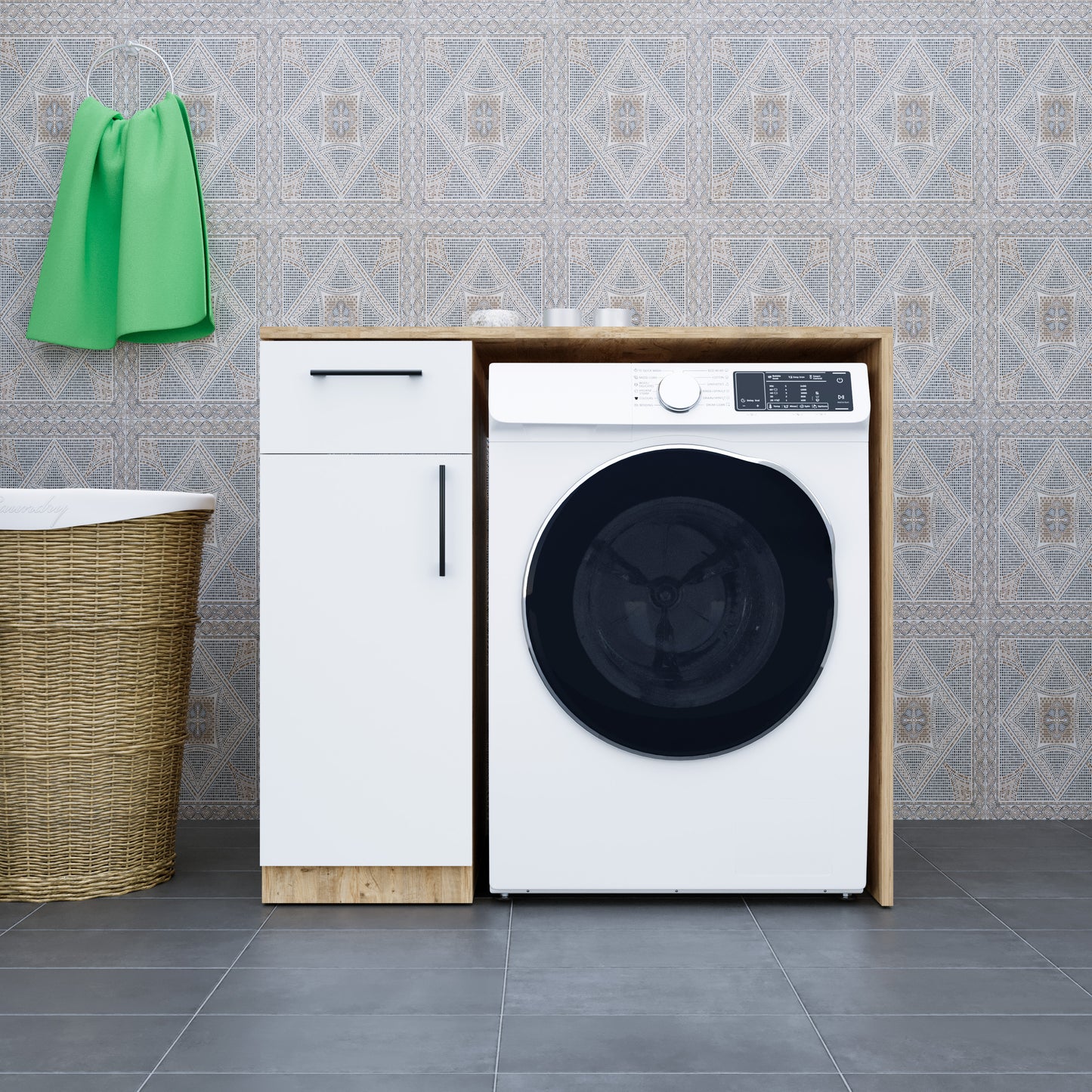 Perlomi Çamaşır Makinesi ve Kurutma Makinası Dolabı Kapaklı Raflı Beyaz/Ceviz PER CMD 003