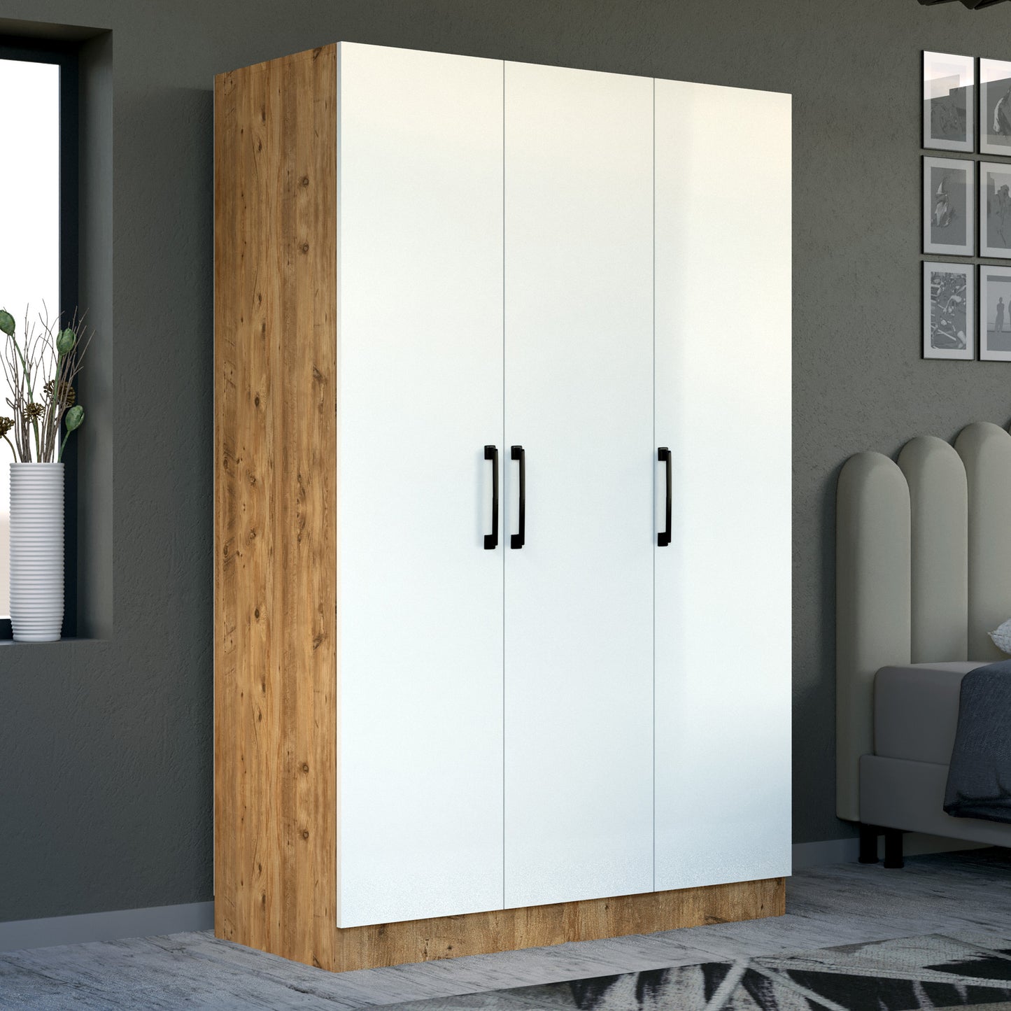 Perlomi 3 kapaklı, 11 Raflı Gardırop, Elbise Dolabı Beyaz/Ceviz PER DLP 002