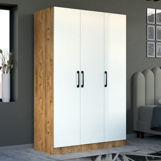 Perlomi 3 kapaklı, 11 Raflı Gardırop, Elbise Dolabı Beyaz/Ceviz PER DLP 002