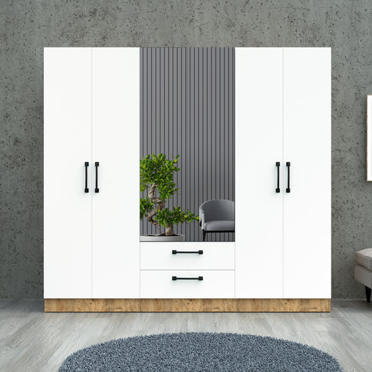 Perlomi 6 Kapaklı, 4 Raflı, 2 Çekmeceli, Aynalı, Gardırop, Elbise Dolabı, Beyaz/Atlantik Çam PER DLP 011