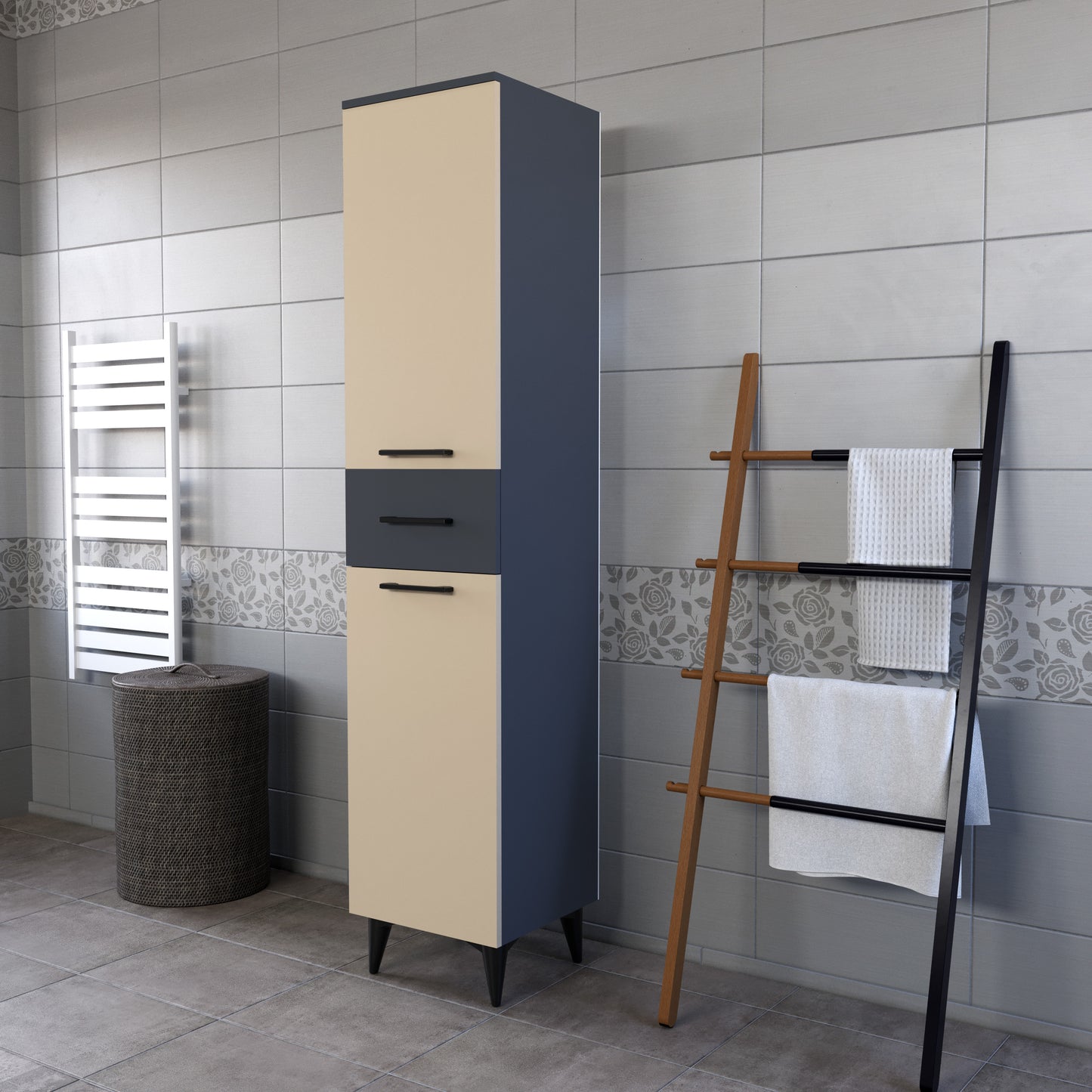Perlomi 2 Kapaklı 4 Raflı Çekmeceli Çok Amaçlı Banyo Dolabı Sahra/Gri PERB007