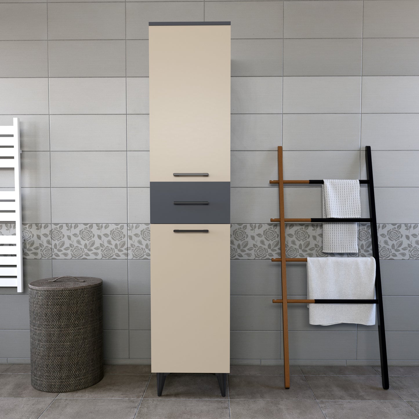 Perlomi 2 Kapaklı 4 Raflı Çekmeceli Çok Amaçlı Banyo Dolabı Sahra/Gri PERB007