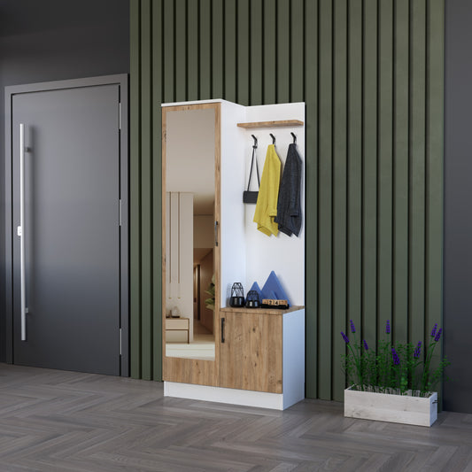 Perlomi 2 Kapaklı Aynalı Askılı Vestiyer Beyaz/Atlantik Çam PER VST 002